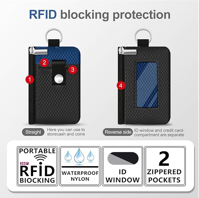 Minimalist RFID Blocking Small Wallet with ID Window,WaterResistant Zip Id Case Wallet with Lanyard Keychain for Cards,Cash,Travel,Women,Men (Black/Electric Blue)