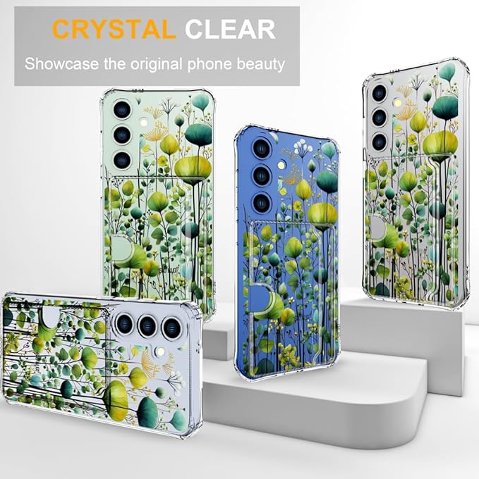 Compatible with Samsung Galaxy S24+ Plus / S25+ Plus Case Card Holder for Women Cute Design,Wallet Phone Cases Transparent Cool Kawaii Protective (Clear Green Flower Leaves Buds)