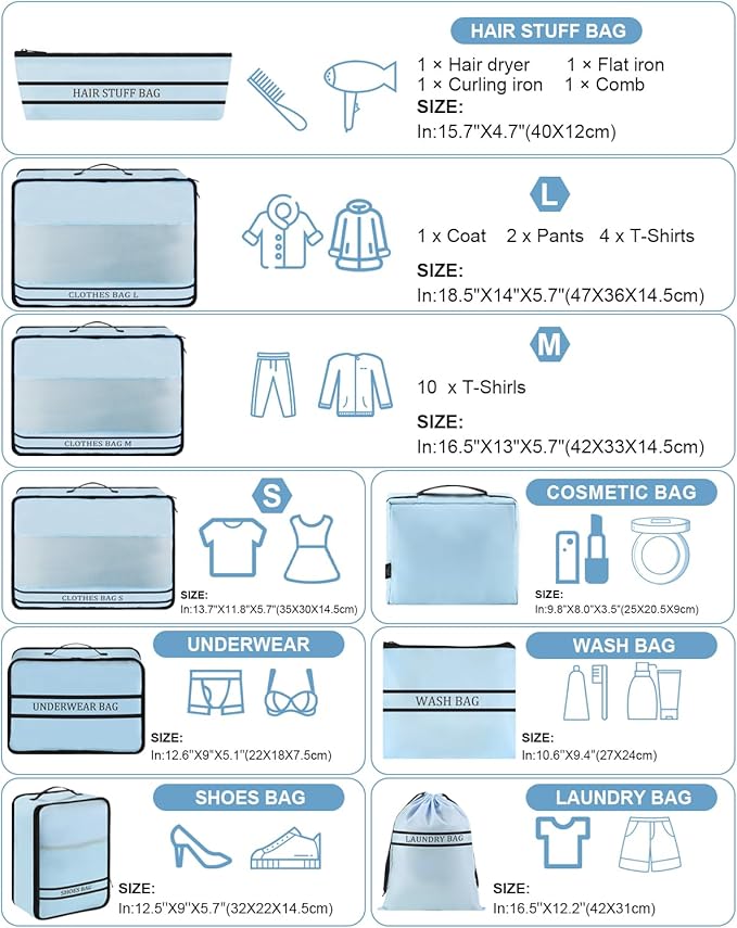 9 Set Packing Cubes Luggage Packing Organizers for Travel Accessories Space Saving Travel Bags for Carry On, Lightweight Mesh Zipper, Clothes, Shoes, Laundry and Shoe Bag, Suitcases (Blue)