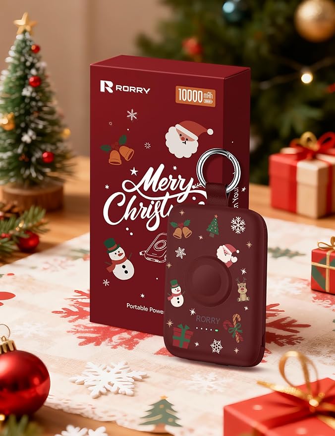 RORRY Portable Charger, 10000mAh PD 20W Fast Charging Portable Charger Power Bank with Built in Cables, Travel Battery Pack for iPhone and Apple Watch Ultra/11/10/9/8/7/6/5, Christmas Red