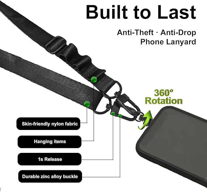 Cell Phone Lanyard Crossbody Anti-theft - 1 Adjustable Neck Strap with 3 Rings for Hanging Airpods/Wallet/Sunglasses, 1 Wrist Strap, 2 Metal Tether Tab, 3 Metal Carabiners, Airplane Travel Essentials