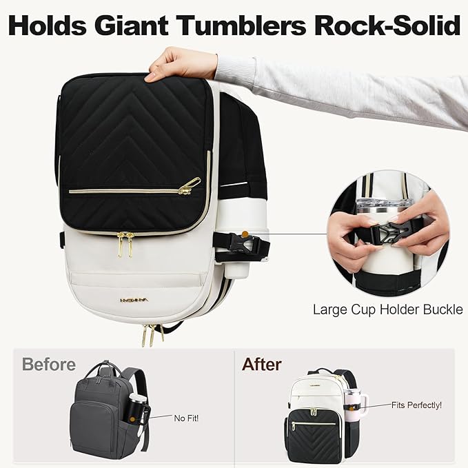 VANKEAN Laptop Backpack for Women with Pouch Pocket for Large Capacity Tumbler, 15.6 Inch Laptop Computer Bag Travel Backpack Purse,Waterproof Work Business Backpack College Teacher Bags Beige-Black