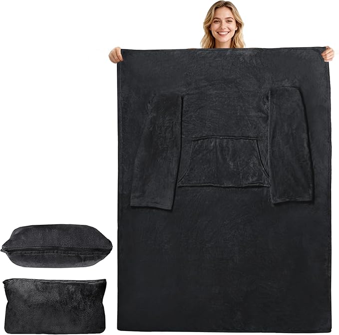 Catalonia Packable Travel Wearable Blanket Pillow with Sleeves for Adults, 2 in 1 Wearable Blanket with Pockets