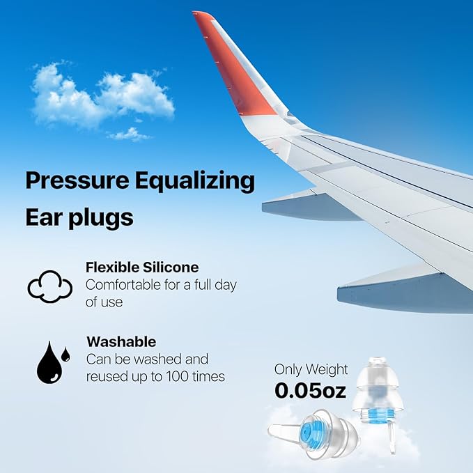 Ear Plugs for Airplane Pressure Relief & Preventing Ear Pain - Flying Travel Essentials - Comfortable Reusable Plane Earplugs for Adult/Kids 12+, Inclu Silicone Cord, 25dB Noise Reduction