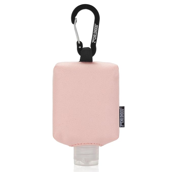 2nd Childhood Travel Hand Sanitizer Keychain – Small Refillable 2 oz Bottle with Clip-On Holder – Portable Sanitizer Case for Purse, Backpack, Gym Bag (Pink)