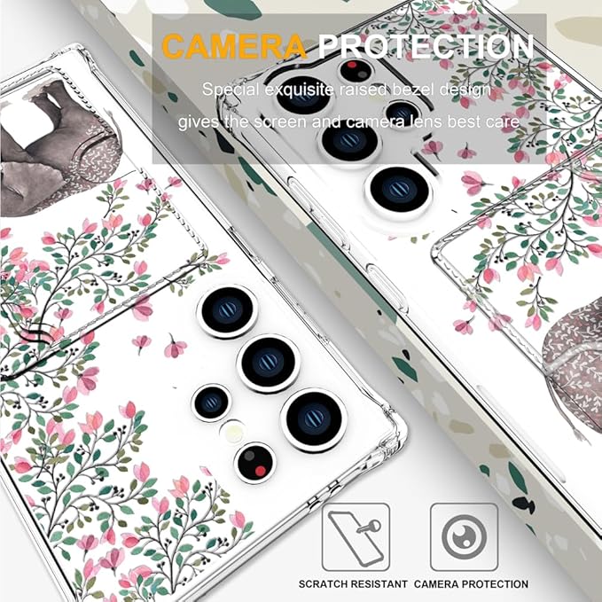 Compatible with Samsung Galaxy S24 Ultra Case Card Holder for Women Cute Design,Wallet Phone Cases Transparent Cool Kawaii Protective (Clear Elephant Flowers)