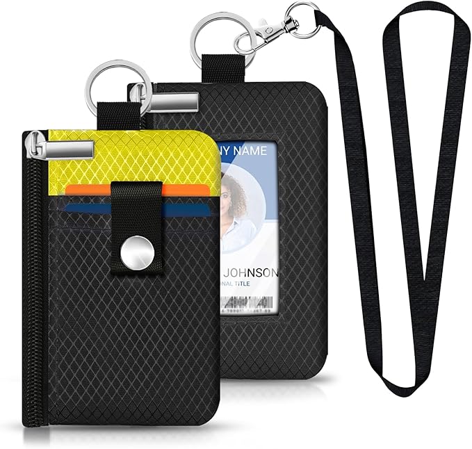 Minimalist RFID Blocking Small Wallet with ID Window,WaterResistant Zip Id Case Wallet with Lanyard Keychain for Cards,Cash,Travel,Women,Men (Black/Lemon Yellow)