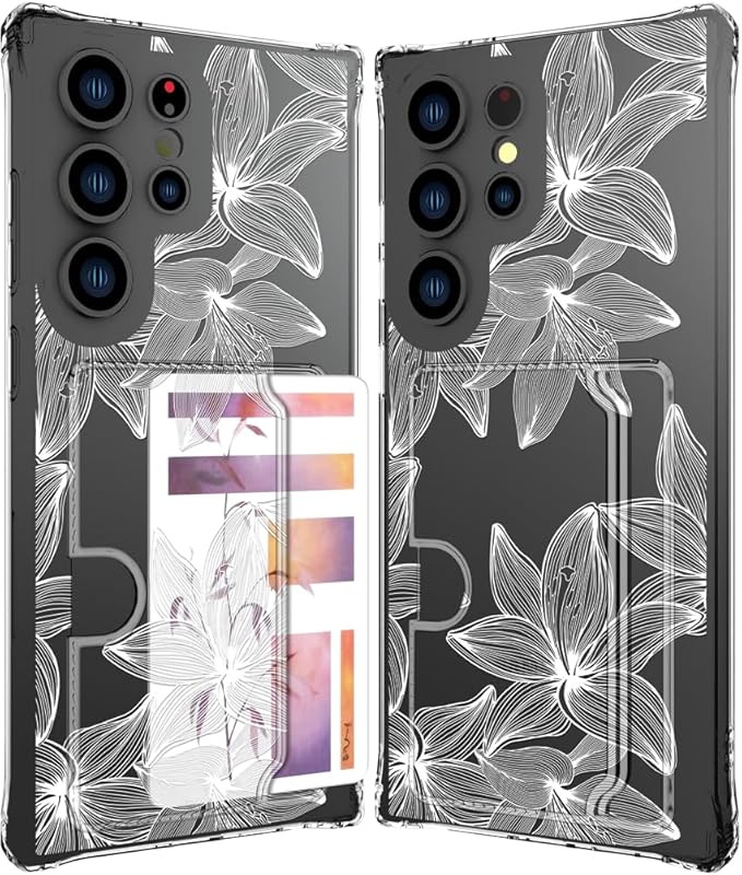 Compatible with Samsung Galaxy S24 Ultra Case Card Holder for Women Cute Design,Wallet Phone Cases Transparent Cool Kawaii Protective (Clear Flower White)