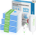 12 Pack Vacuum Seal Bags for Clothing Travel with -60000Pa USB Pump, Save 80% of Space for Clothes (12 Combo)