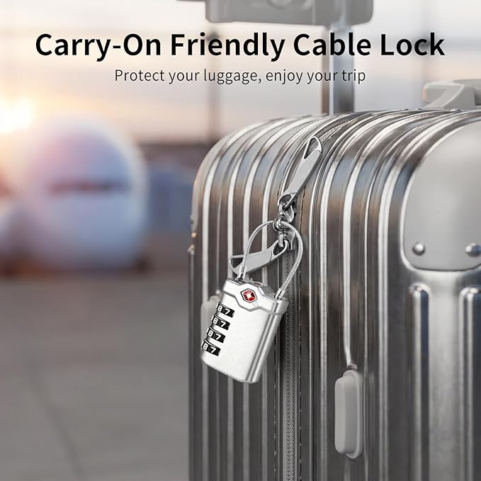 TSA Approved Locks for Luggage, 2 Pack Combination Travel Steel Cable Lock, Re-settable 4 Digit Padlocks with Inspection Indicator, Alloy Body Keyless Padlock for Lockers, Backpacks, Bags - Silver