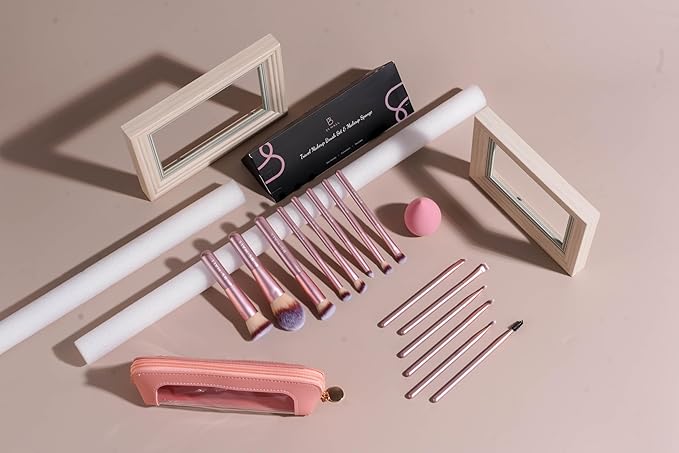 BS-MALL 14 Pcs Makeup Brushes Set with 1 Pcs Makeup Sponge – Essential Foundation Powder Concealers, Eye Shadows, Blush Makeup Brushes with Travel Makeup Case (Matte Gold Pink)