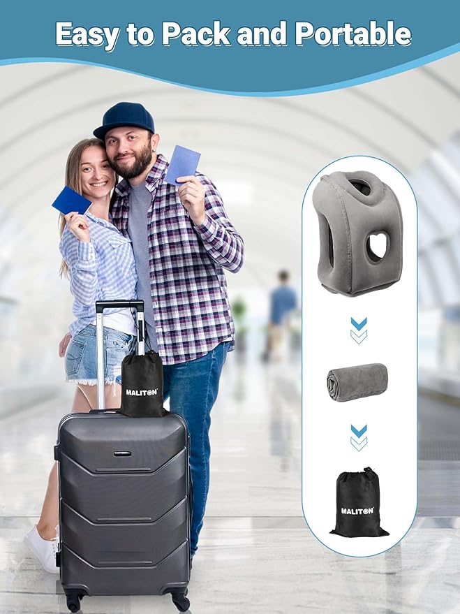 Maliton Inflatable Travel Pillow for Airplane Comfortable Sleeping to Relieve Neck and Shoulder Pain,Support Head Inflatable Pillow for Long Flights, Used for Airplanes,Cars,Trains(Dark Grey)