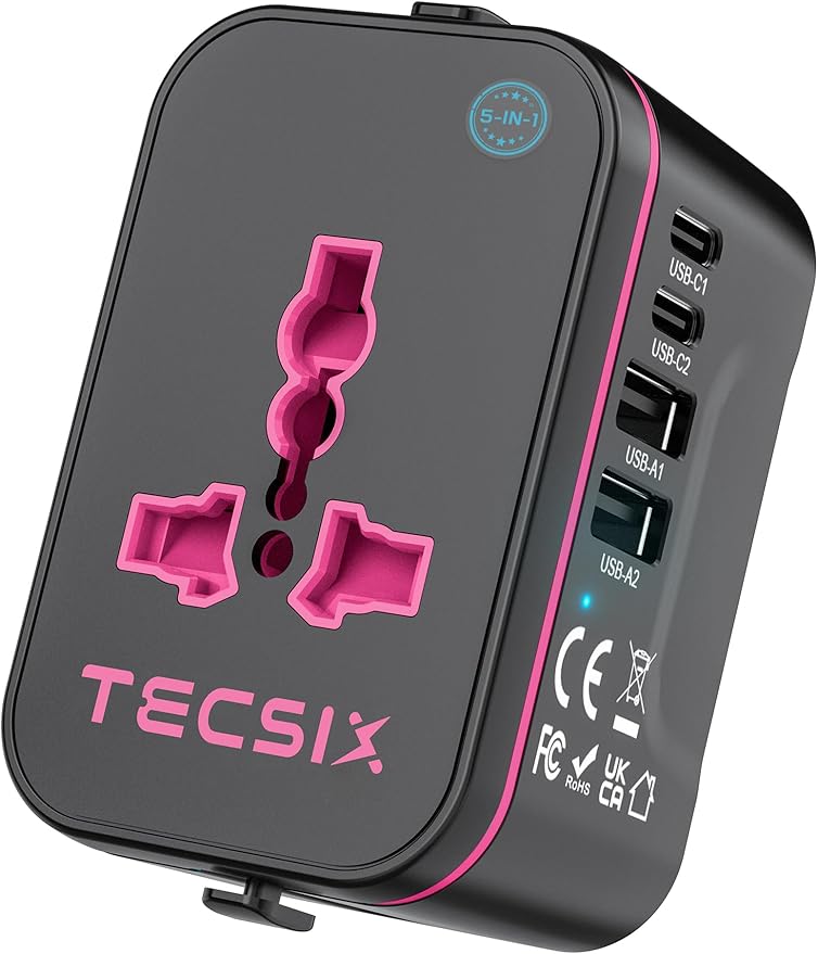 Universal Travel Adapter Worldwide, TECSIX European Travel Plug Adapter with 2 USB C, 2 USB A and Multi AC Outlets, International Power Converter for EU US UK AUS 200+ Countries Type A C G I