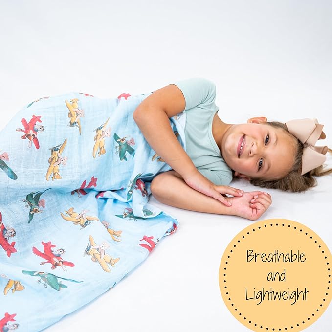 LollyBanks Muslin Swaddle Blankets, 100% Cotton Breathable Baby Blanket for Boys and Girls, Soft and Lightweight 47 x 47 Inches Newborn Swaddle Wrap, Baby Essentials Must Haves (Plane and Bear Print)
