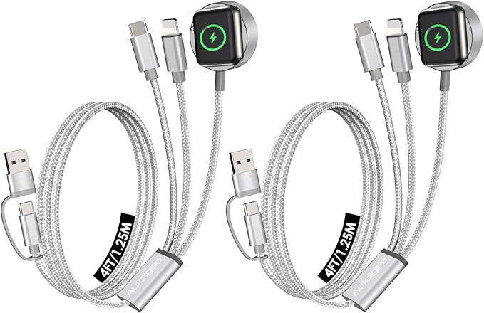 2Pack Travel Essentials for Apple Watch Charger,3 in 2 USB C Cable for Multi Charging Cable Cord,Vacation Camping RV Essentials Portable Designed for iWatch &iPhone 17-11 -4FT White