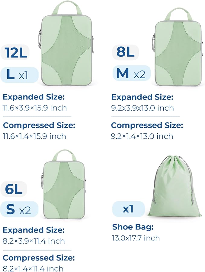 BAGSMART Compression Packing Cubes for Travel, Compressible Luggage Organizer for Cruise Ship, Lightweight Travel Essentials 6-Pack 1L+2M+2S+1Shoe Bag, Fruit Green