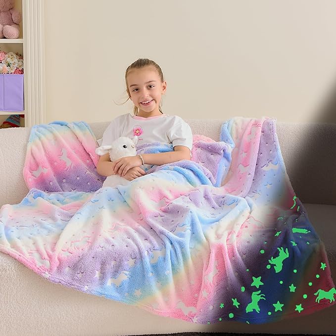 Wajade Unicorn Gifts for Girls - Glow in The Dark Unicorn Blanket Birthday Christmas Decor for Kids Age 3 4 5 6 7 8 9 10 11 12 Years Old Teens Child Toddler Throw Rainbow 50"x60"