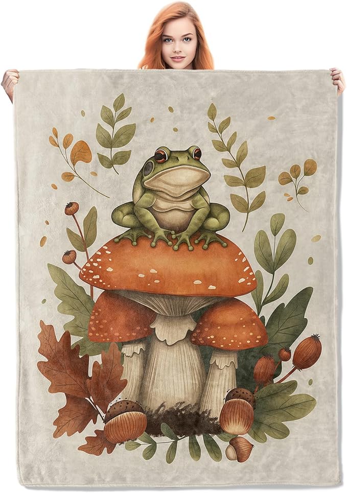 Frog Blanket,Frog Mushroom Flannel Throw Blankets,Soft Warm Lightweight Cozy Plush Forest Throws for Bedroom Sofa Home Travel Decor Gifts for Women Girls 80"x60"