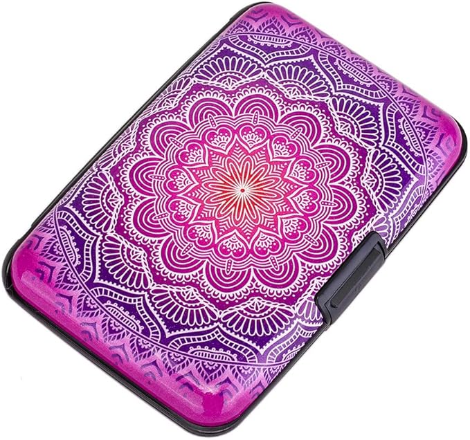 ELFISH Mini RFID Aluminum Wallet Credit Cards Holder Business Card Case Metal ID Case for Men Women (Pink flower)