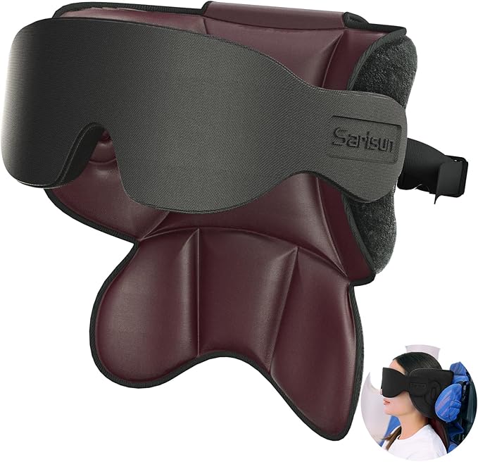 SARISUN Travel Pillows for Airplanes, Airplane Pillow with Sleep Eye Mask, 360° Support Headrest, Travel Essentials, Adjustable Airplane Head Strap for with/Out Headrest Seat, Brown Red
