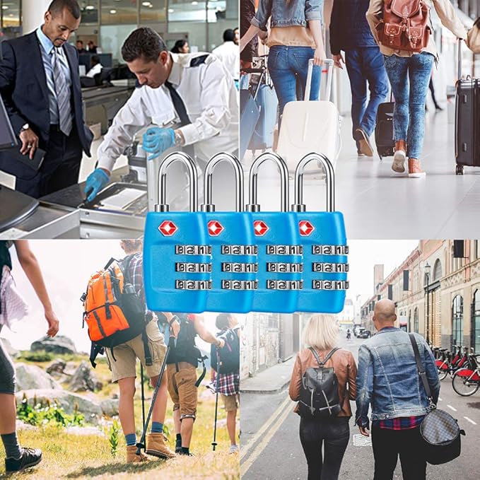 TSA Luggage Locks (4Pack) - 3 Digit Combination Padlocks - Approved Travel Lock for Suitcases & Baggage (Blue)