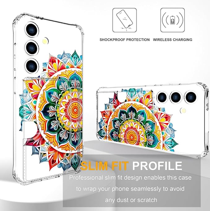 Compatible with Samsung Galaxy S24+ Plus / S25+ Plus Case Card Holder for Women Cute Design,Wallet Phone Cases Transparent Cool Kawaii Protective (Clear Mandala Henna Flower)