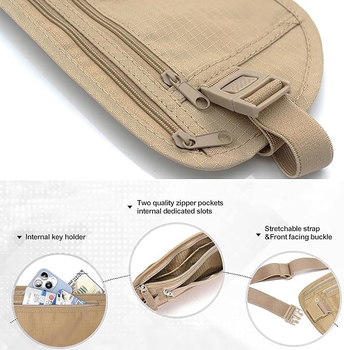 Money Belt, Travel Pouch, Money Belt for Travel, Slim Moneys Pouch Under Clothes, Moneys Bag with Zipper for Cash, Passport Holder