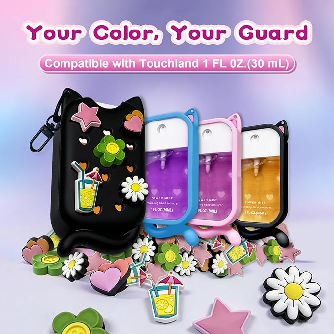 Cat Silicone Case with Keychain & Charms for Touchland Hand Sanitizer Spray, Protective Holder Compatible with Power Mist & Glow Mist 1 FL Oz/30ML