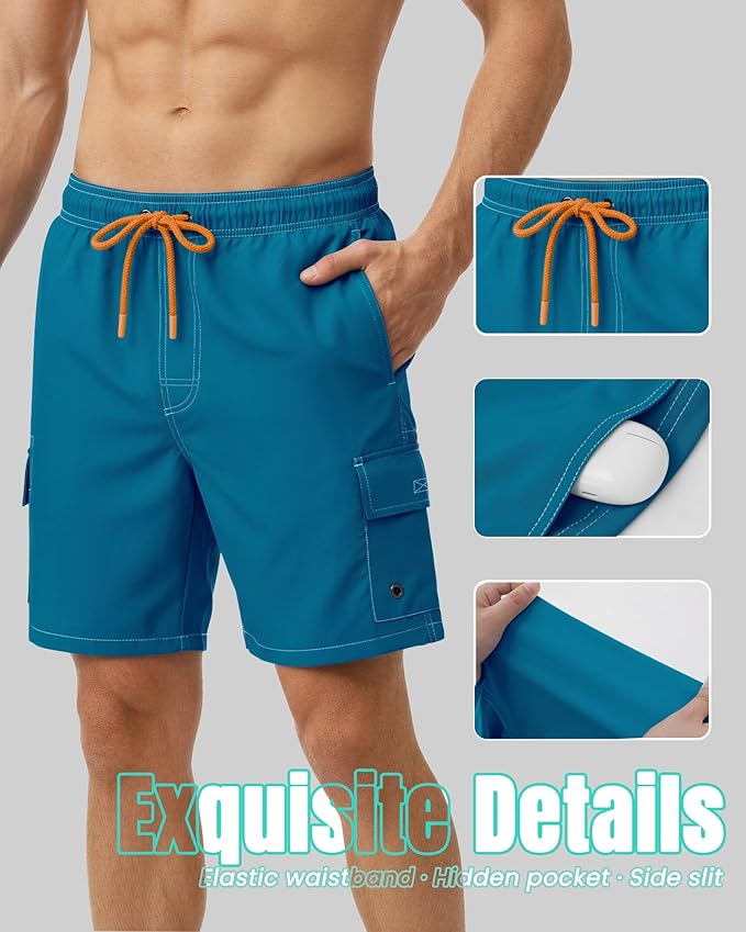 Men Swim Trunks with Compression Liner Quick Dry Breathable Multi Pockets for Summer Beach Cruise Water Park