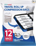 12 Pack Vacuum Storage Bags, Compression Bags for Travel, Roll Up Reusable Travel Space Saver for Luggage, Camping, and Storage (No Vacuum or Pump Needed).
