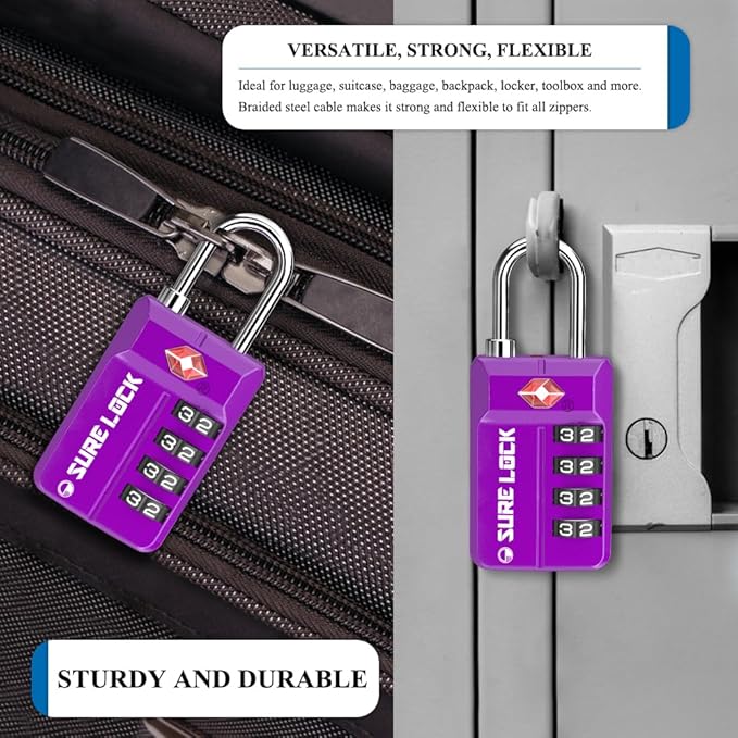 SURE LOCK TSA-Approved 4-Digit Resettable Combination Lock with Open Alert, Easy-Read Dials - for Luggage, School Lockers, Gym, Office, Toolbox & Security Cases (Dark Purple 2 Locks)