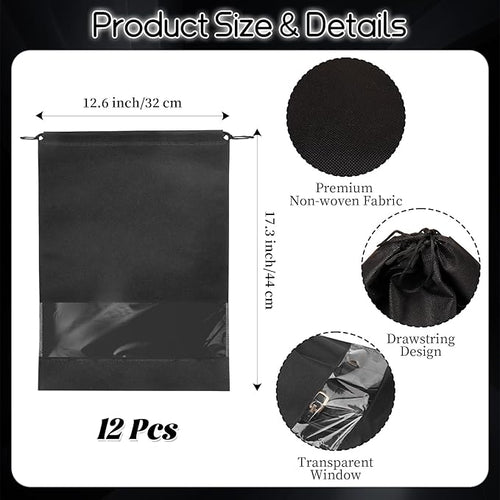 12 Pcs Portable Travel Shoe Bags, 17.3 x 12.6 Inches Waterproof Non-Woven Shoe Organizers Storage Bags, Large Drawstring Shoes Pouch Packing Organizers with Rope for Men, Women, Children (Black)