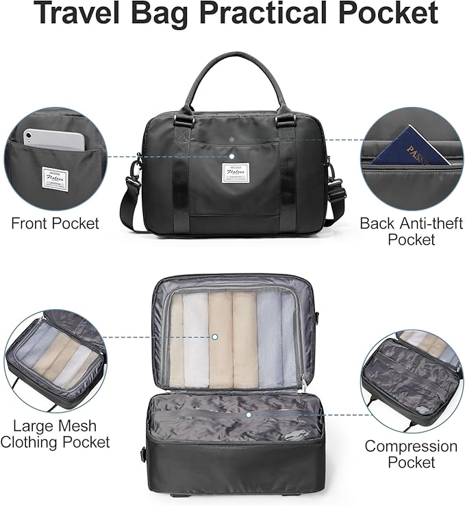 Vacuum Travel Bag for Women with Air Pump, Personal Item Carry on Bags with Seal Compression Pocket for Airlines, Weekender Overnight Bag for Women with Toiletry Bag，Black