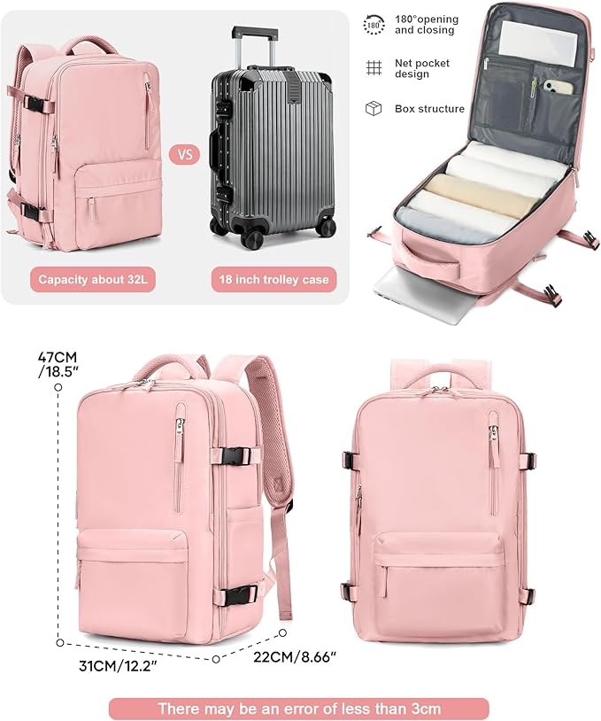 VGCUB Large Travel Backpack Bag for Women Men,Carry on Backpack,17 Inch Laptop Business Work Waterproof Backpack with Laptop Compartment,Person Item Flight Approved,Mochila de Viaje,Pink Large
