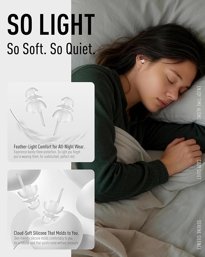 Sleeping Ear Plugs 3 Pairs, Noise Cancelling Earplugs for Side Sleeper Study Travel Working Block Snoring, Reusable Soft Silicone Earbuds for Misophonia, Tinnitus,Sensitivity, White