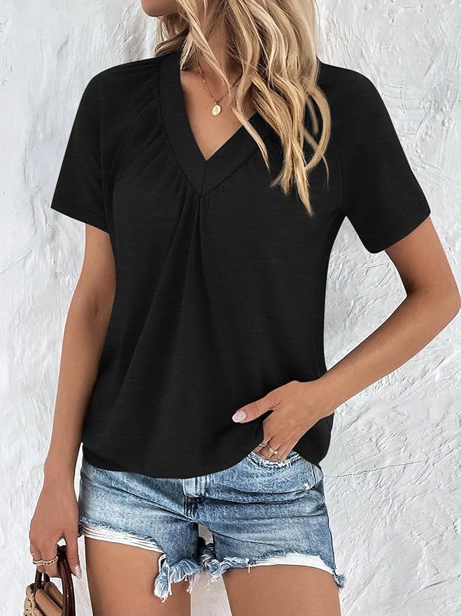 AUTOMET Womens Tops Short Sleeve V Neck T Shirts 2026 Summer Spring Beach Vacation Clothes Casual Loose Ruched Top