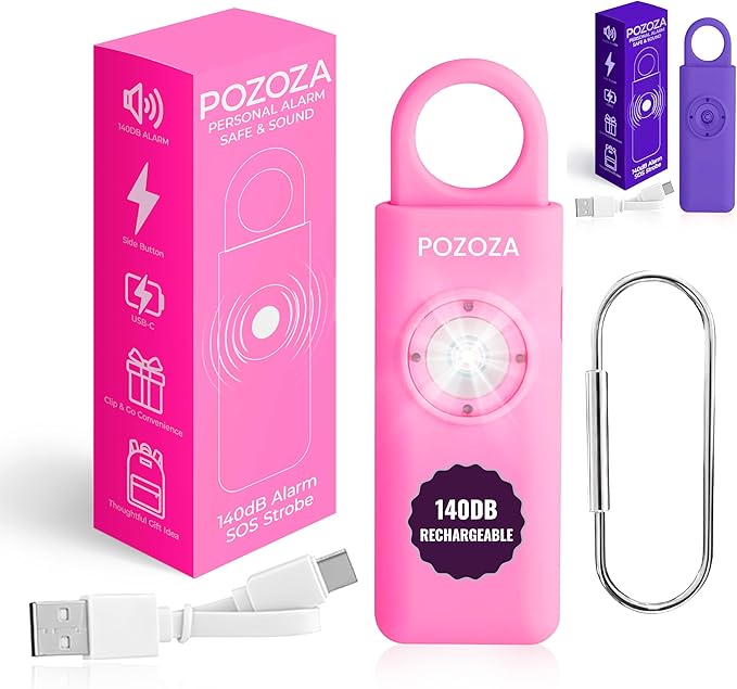 140dB Loudest USB-C Rechargeable Personal Alarm Keychain for Women – Low Battery Indicator, Strobe Light & Panic Button for Self Defense Weapons, Seniors & Travel Safety Essentials (Pink)