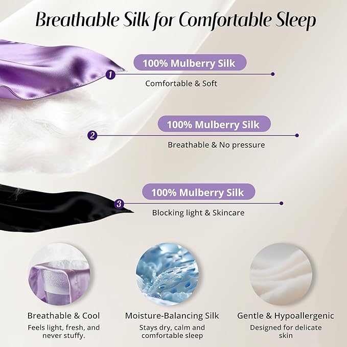 Silk Sleep Mask for Women: 100% Mulberry Silk Eye Mask, Black Back Sleeping Mask for Light Blocking, Soft Wavy Edge Eye Cover and Adjustable Strap, Travel & Sleep Gift (Purple)