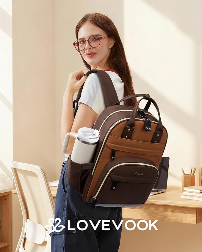 LOVEVOOK Laptop Backpack for Women with Giant Tumbler Holder Pocket,15.6 inch School College Book Bag Nurse Teacher Backpack,Work Travel Backpack Laptop Computer Bag,Brown-Yellowish-brown-Coffee brown