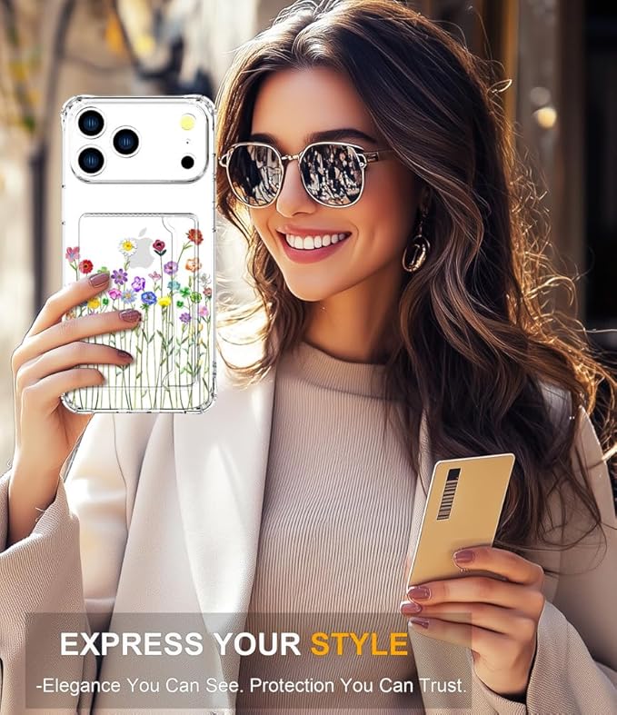 Compatible with iPhone 17 Pro Case Card Holder for Women Cute Design,Wallet Phone Cases Transparent Cool Kawaii Protective (Clear Flower Floral Bouquet)