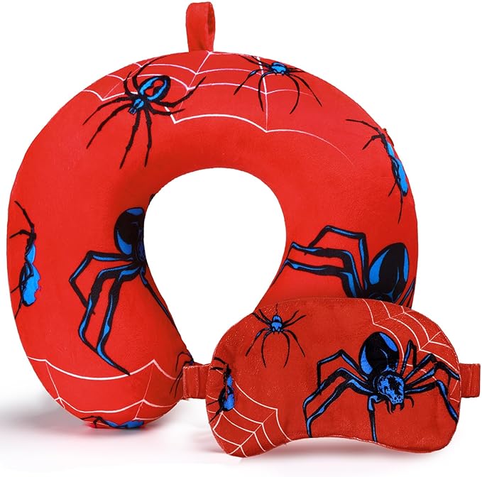Gilprop 2 Pcs Spider Travel Pillow with Sleep Eye Mask, U Shaped Memory Foam Headrest & Neck Pillow with Washable Cover, Soft Neck Head Support Travel Accessories for Airplane Car Train Bus Trips
