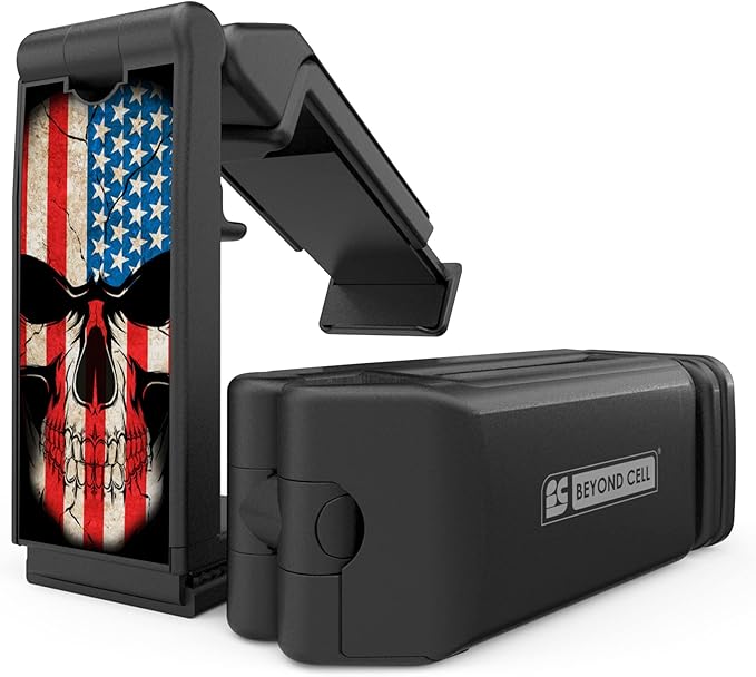 Beyond Cell Travel Accessories, Universal Seat Back Tray Table Hands Free Phone Clip Holder, Adjustable Pocket Size Airplane Travel Essentials Compatible with iPhone and Android US Flag Skull B