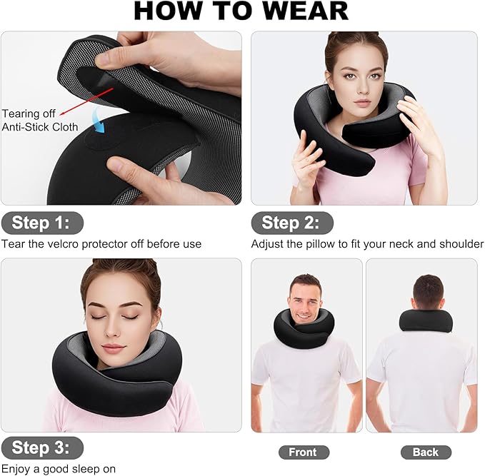 Travel Neck Pillow for Airplane - 100% Memory Foam 360° Ergonomic Support - Adjustable Velcro, Washable Velvet Cover & Compact Storage Case - Flight Essentials for Sleeping (Black)