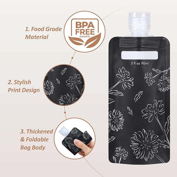 PACKISM 27 Pack Travel Pouches for Toiletries - 3 oz Leak Proof TSA Approved Liquid Containers, Squeeze Bags for Shampoo Lotion, Space Saving Refillable Carriers, Black Beige Chamomile