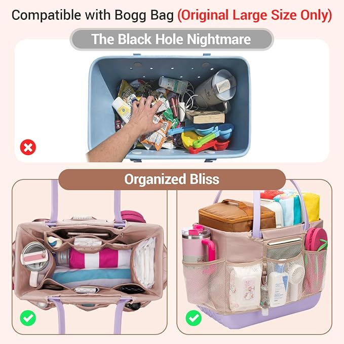 Beach Bag Organizer Compatible with Xl Large Bogg Bag Accessories 9 External Storage Mesh Pockets and Quick-Access Liner 8 Internal Pockets Zipper Pocket for Valuables Water-Resistant Durable Foldable