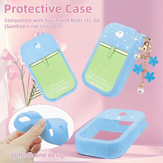Silicone Case Compatible with Touchland Hand Sanitizer Spray Mist 1 oz with Flower keychain