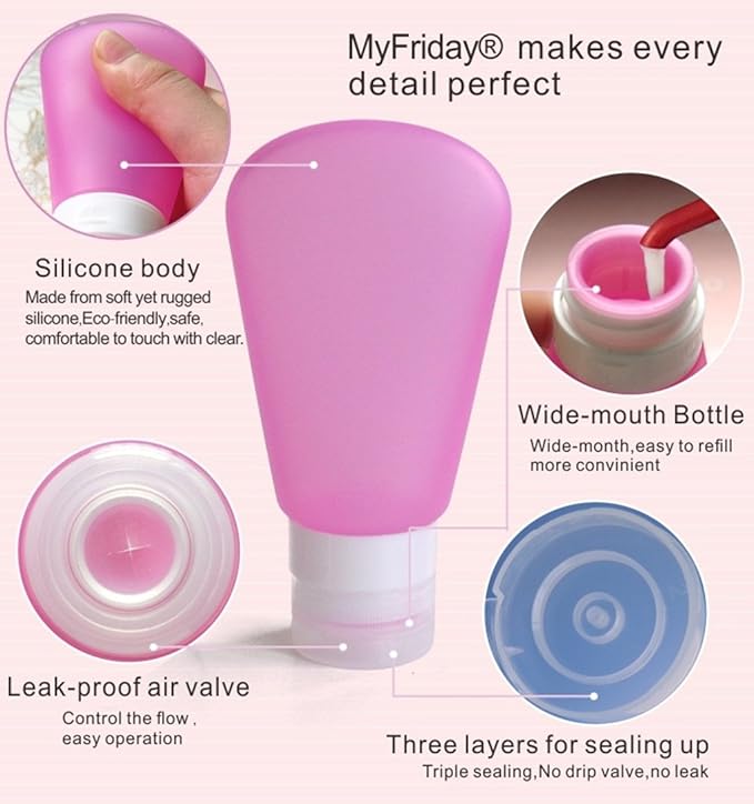 3 Pack Portable Food Grade Squeeze Silicone Liquid Travel Bottles for Shampoo, Conditioner, Lotion, Toiletries, Condiments (1 OZ Pink + White + Blue)