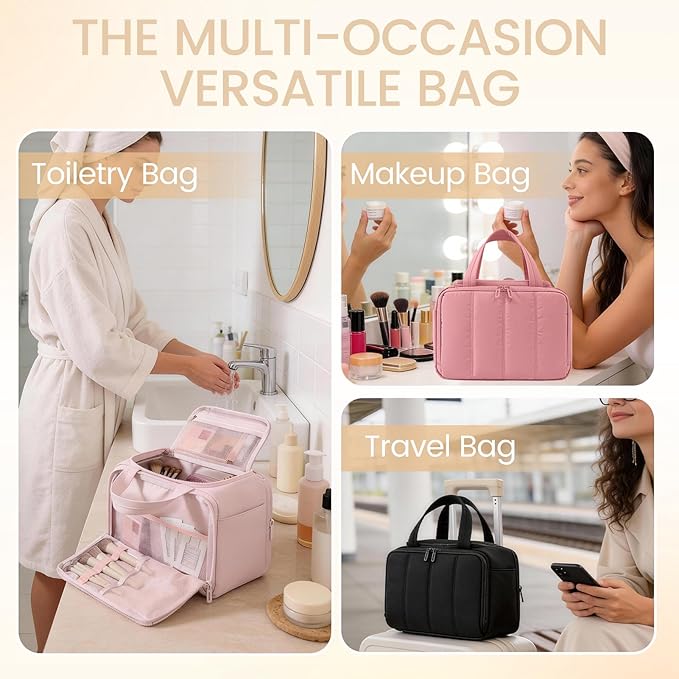 Toiletry Bag for Women Puffy Large,Travel Makeup Bag,Large Toiletry Bag with Adjustable Dividers,Waterproof Cosmetic Travel Bag with Trolley Sleeve,Toiletries Organizer,Black