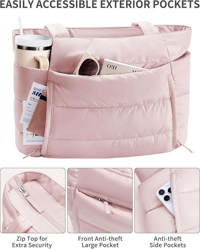 Bagstellar Puffer Tote Bag for Women, Lightweight Puffy Work Handbag Teacher Nurse Quilted Shoulder Bag for School Travel Gym | Cloud Bag w/ Zipper, Daily College Bags, 15.6" Computer Bag, Clinical Nursing Bag, 40 OZ Tumbler Holder, Ideal Gift for Women