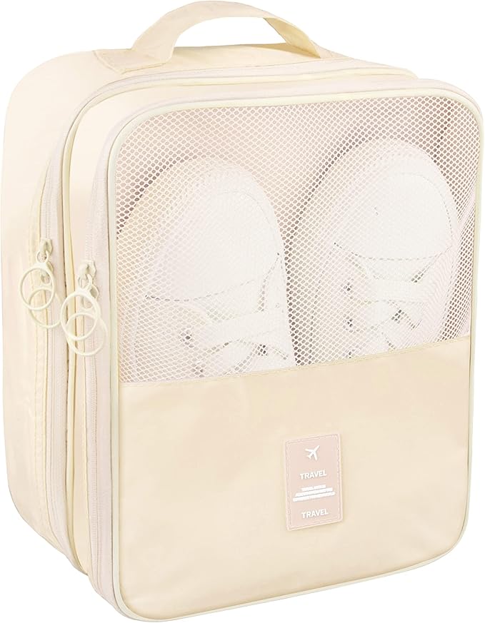 Travel Shoe Bag Waterproof Shoe Organizer Bag Holds 3 Pair of Shoes Shoe Packing Cube for Suitcase Travel and Daily Use Storage Pouch with Handle (Beige)